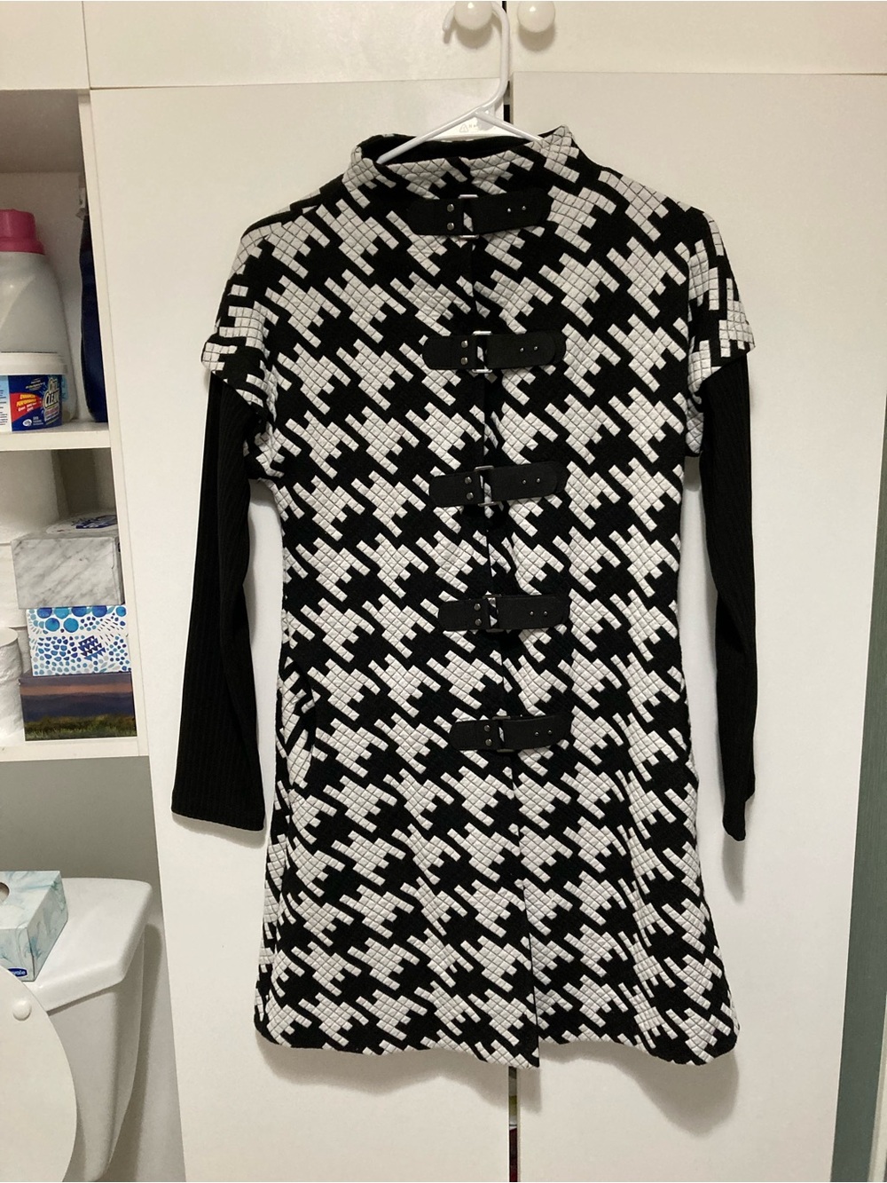 Black & White Houndstooth Toggle Front Women's frock coat